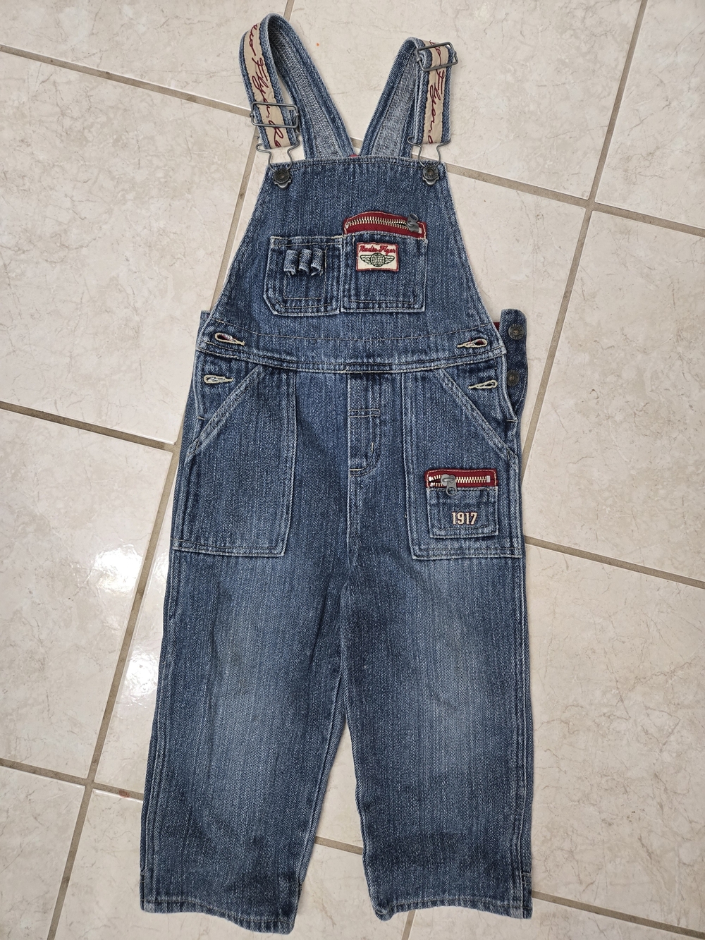 Kids Radio Flyer Denim Overalls with Red Trim Accents